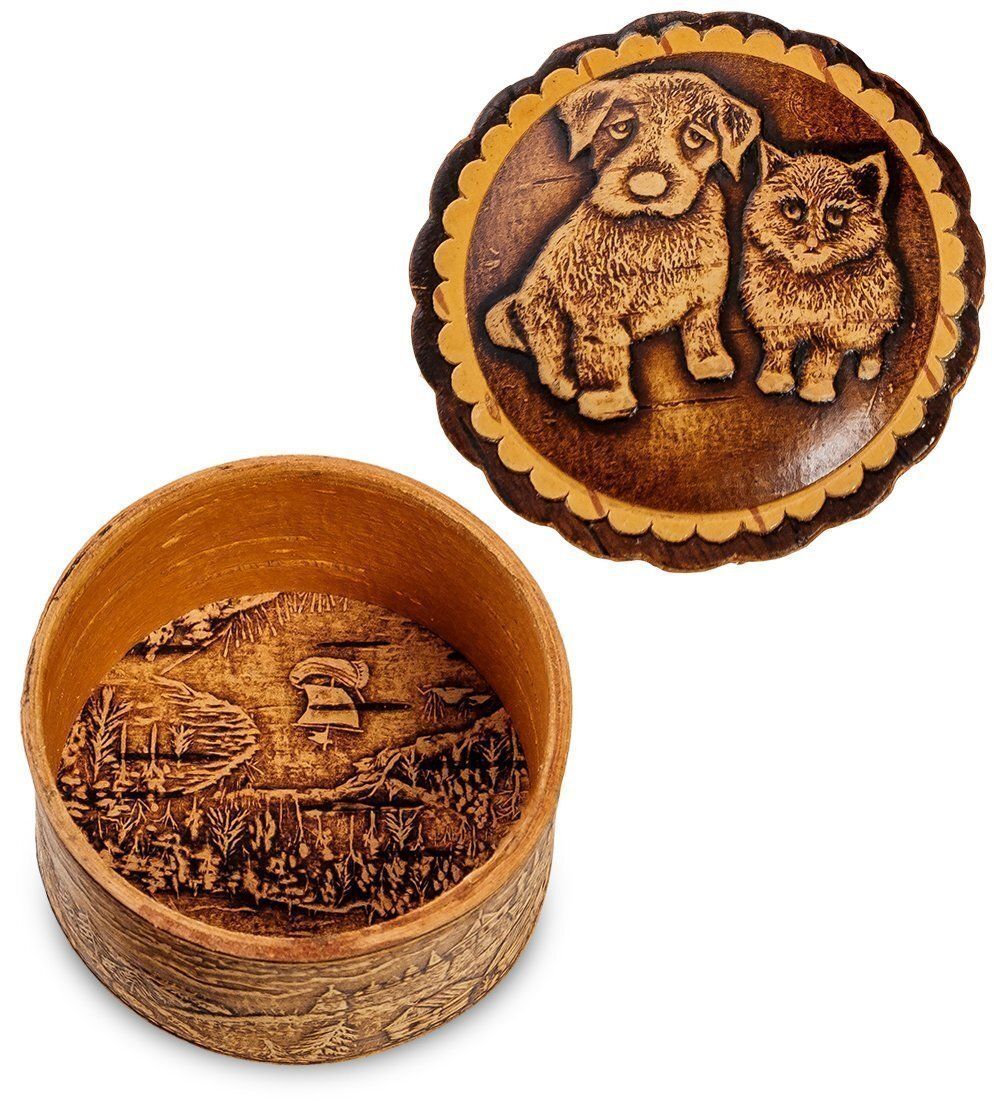 Народные промыслы BST-118/ 1 Шкатулка «Кошка с собакой» мал. (береста)