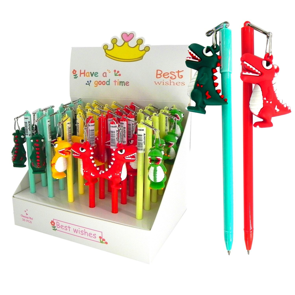 Ручка шариковая Alingar, " Динозаврик", 0,7 мм, синяя, с брелком, круглый, цветной, пластиковый корпус, карт. уп.