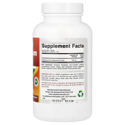 Best Naturals, Оксид магния, 500 мг, 180 таблеток