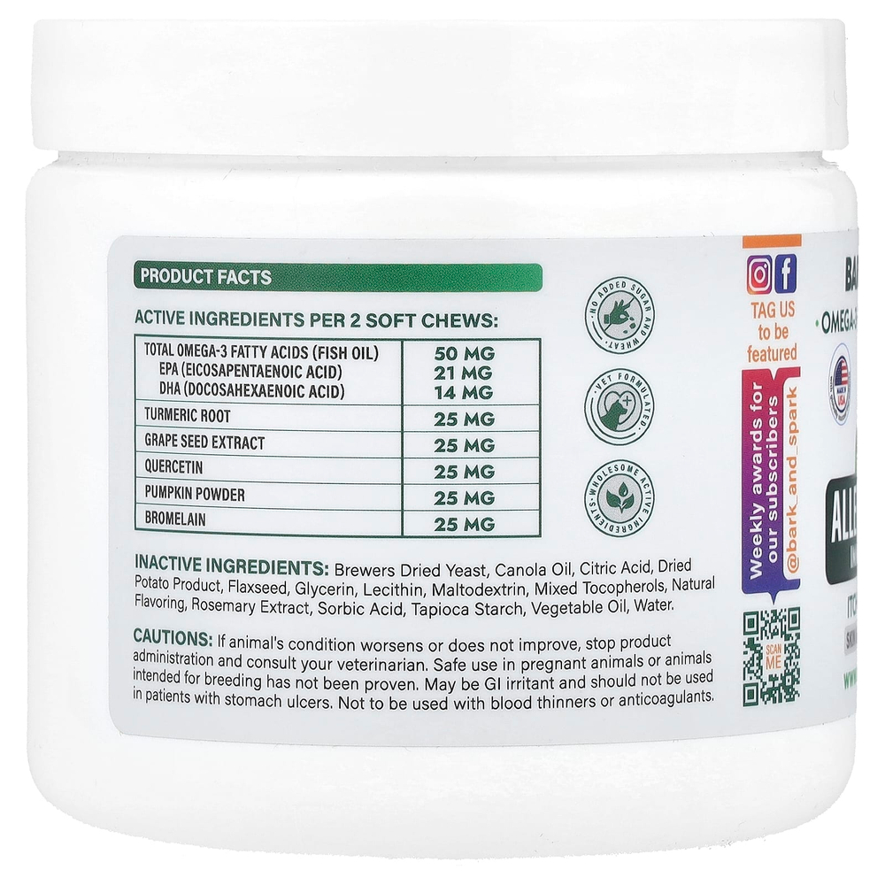 Bark&Spark, Allergy Relief Immune Chews, для облегчения зуда кожи, для собак, курица, 120 жевательных таблеток, 264 г (9,3 унции)