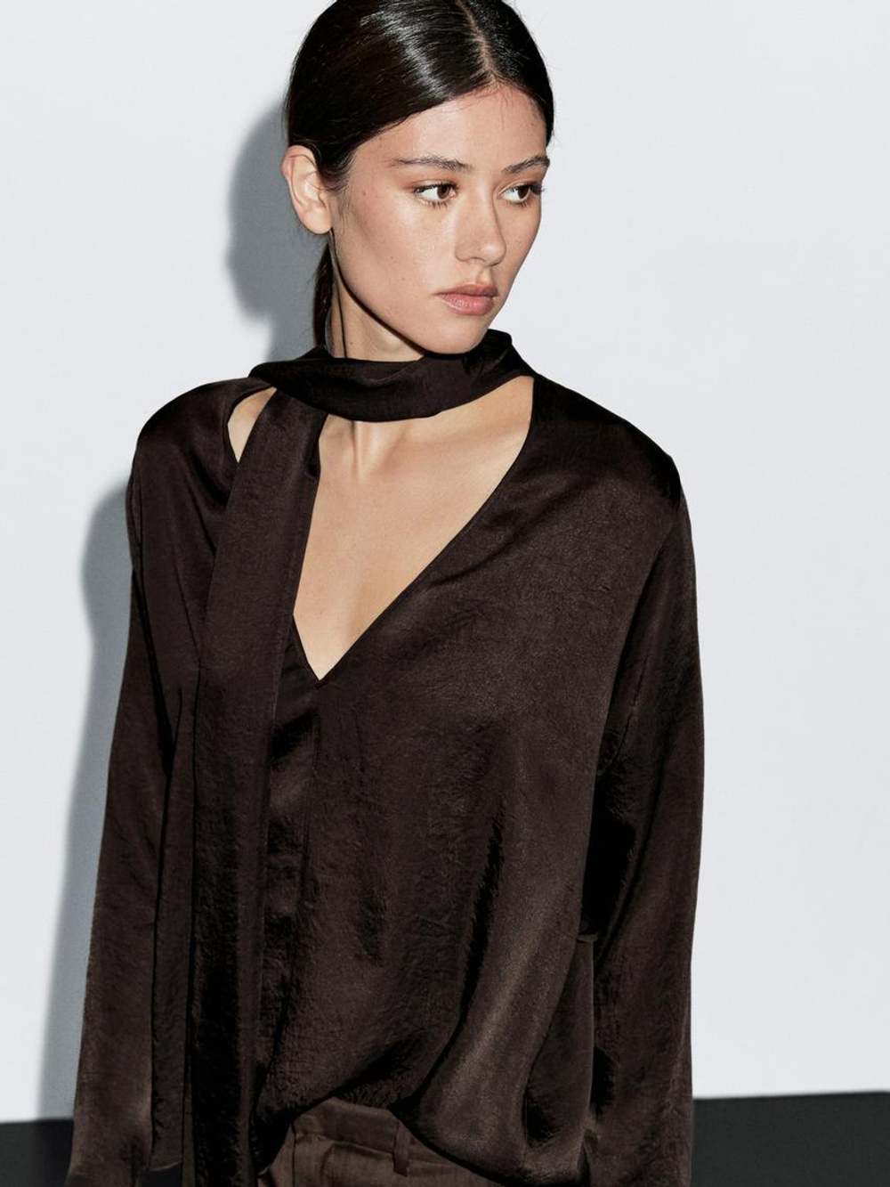 Massimo Dutti Блуза из струящейся ткани с завязками, коричневый