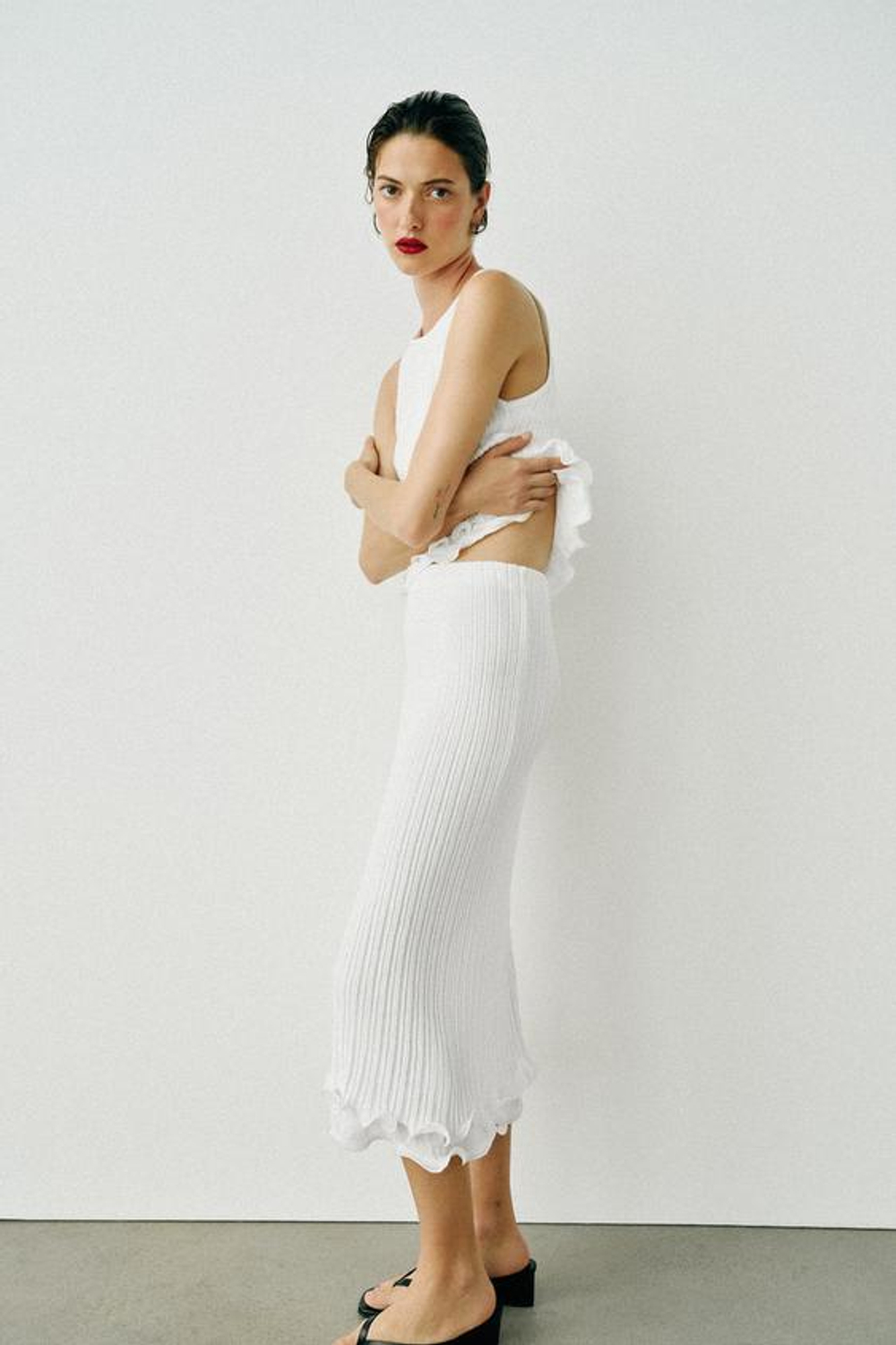 ZARA ДВУХСЛОЙНАЯ ТРИКОТАЖНАЯ ЮБКА МИДИ, БЕЛЫЙ
