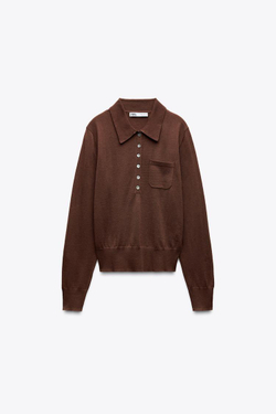 ZARA БАЗОВОЕ ПОЛО ИЗ СМЕСОВОЙ ШЕРСТИ, ШОКОЛАДНЫЙ