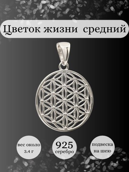 Фото подвески Цветок жизни средний из серебра, инфографика.