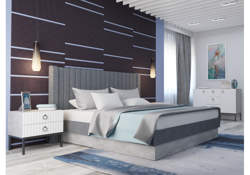 Кровать Woodville Tulip 160х200 с ПМ метрополитан грей, белая матовая