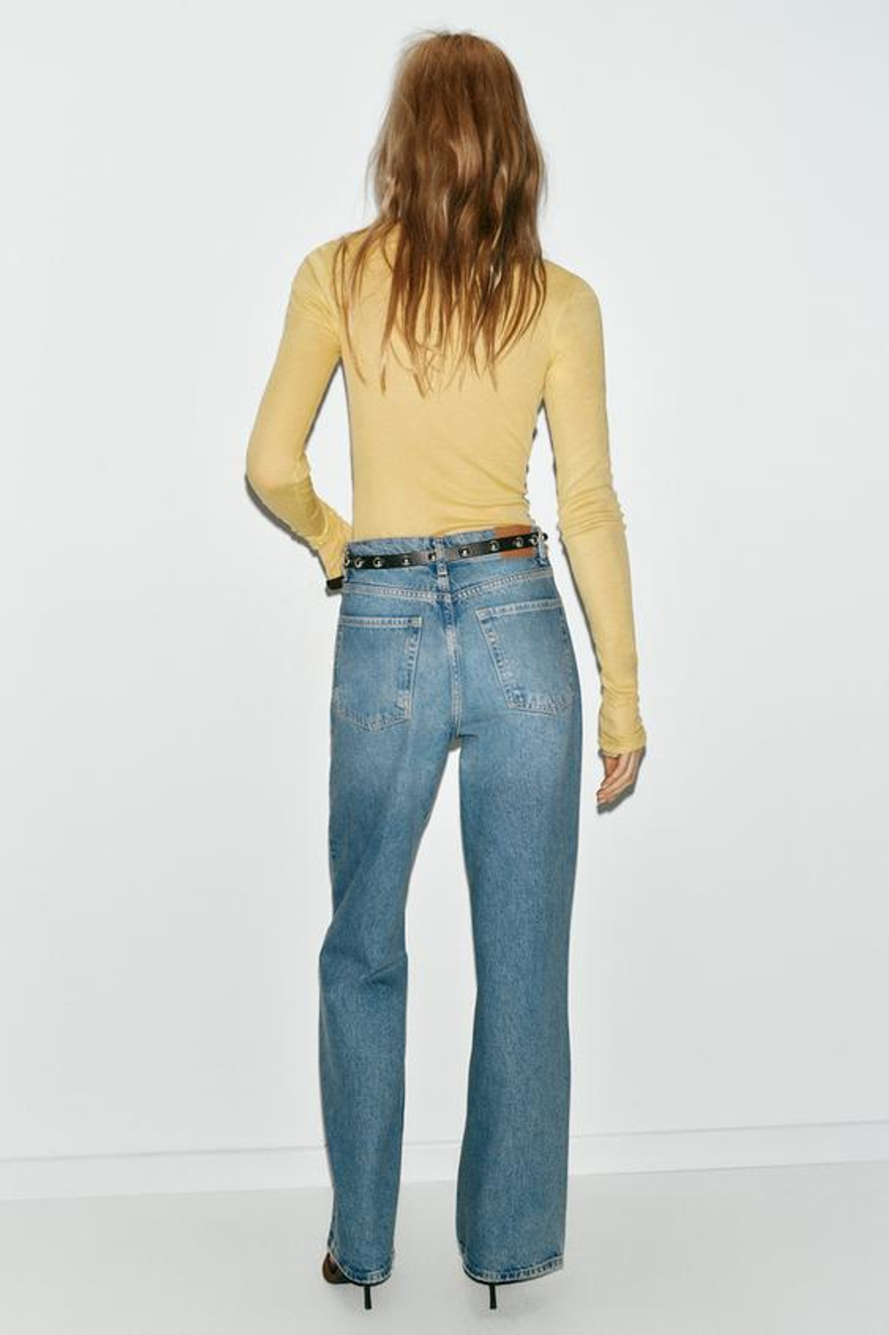 ZARA ДЖИНСЫ Z1975 С ВЫСОКОЙ ПОСАДКОЙ, ЗАУЖЕННЫЕ КНИЗУ, С РЕМНЕМ, ГОЛУБОЙ