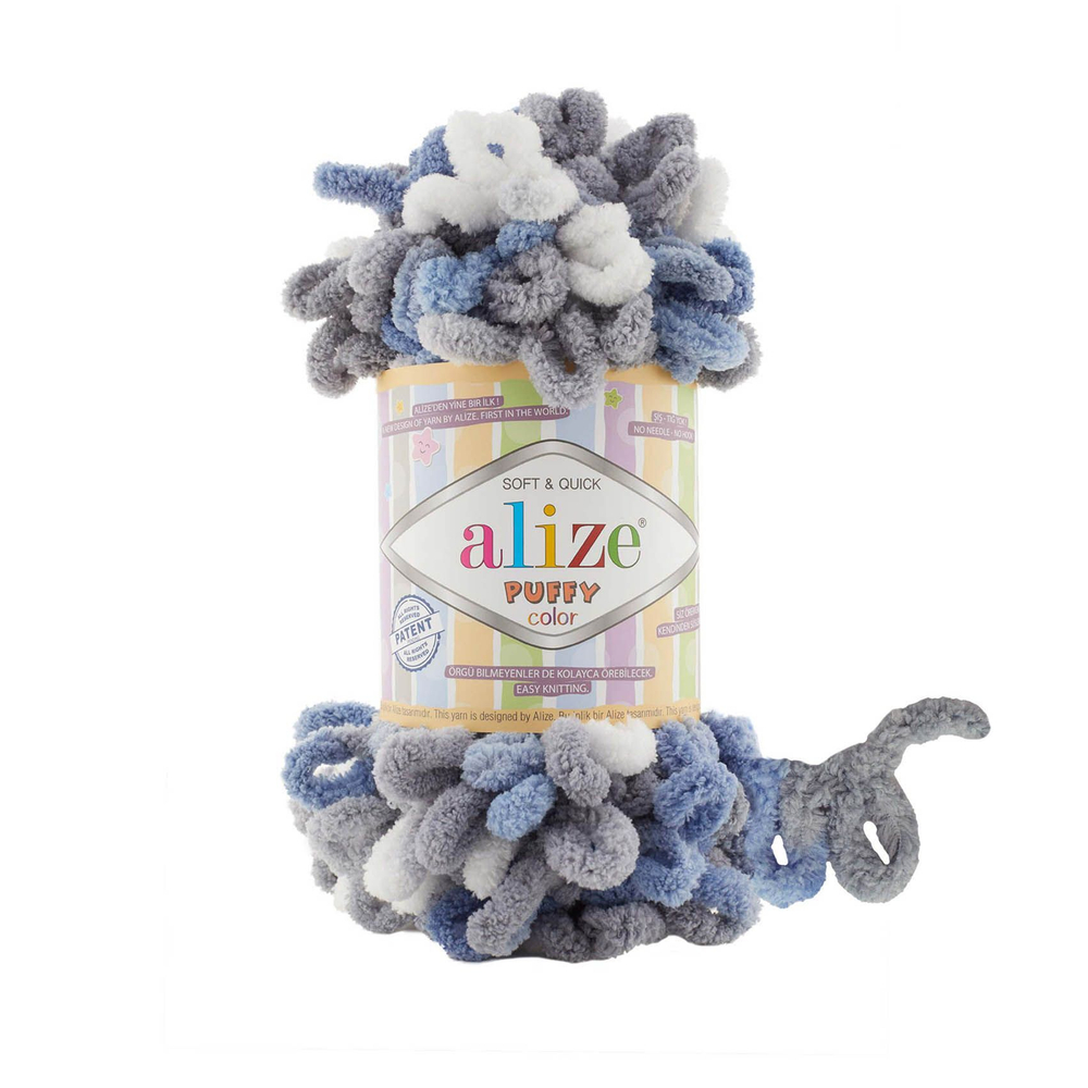 Пуффи колор (Puffy color) пряжа Alize 100%микрополиэстер 5х100г/9 м (6075 белый-джинс-серый)