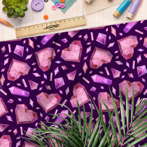Ткань дюспо кристаллы и сердца на фиолетовом фоне