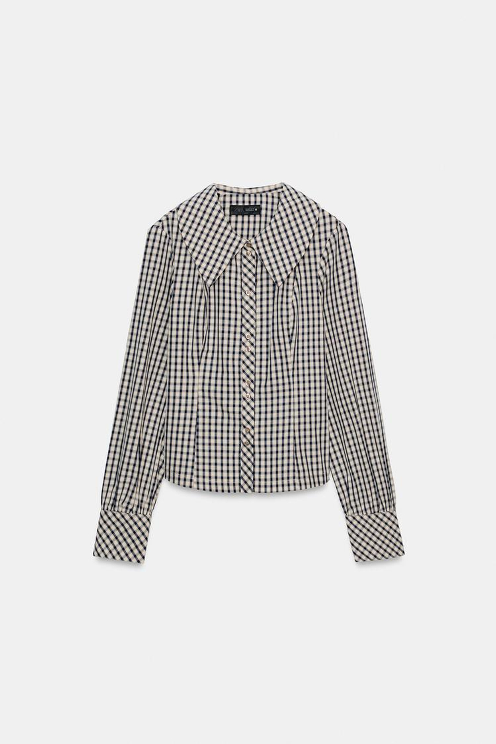 ZARA РУБАШКА В КЛЕТКУ С КРУГЛЫМ ВОРОТНИКОМ, КОРИЧНЕВО-СИНИЙ