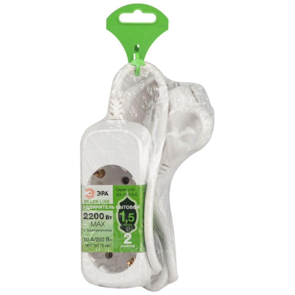 Удлинитель электрический ЭРА UDL-10-215-E Greenline 2 розетки с заземлением 1,5м ПВС 3x0.75мм2 | Бытовые удлинители