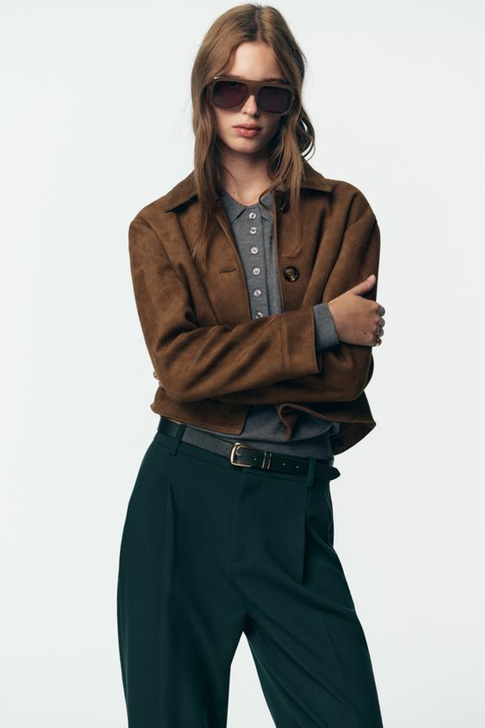 ZARA БРЮКИ С ЗАЩИПАМИ И РЕМНЕМ, СИНЕ-ЗЕЛЕНЫЙ