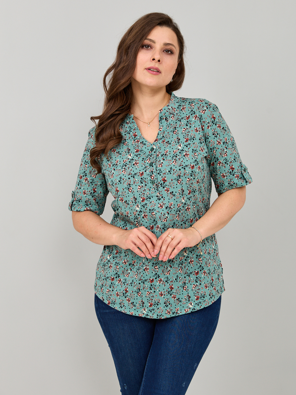 Блузка БЛ-122/шалфей-кораллцветы