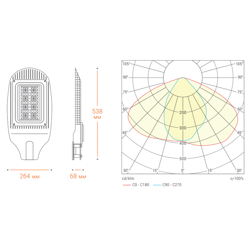Уличный светодиодный светильник STL-100W01 100Вт IP65 12000Лм 5700К 538x264x68мм WOLTA