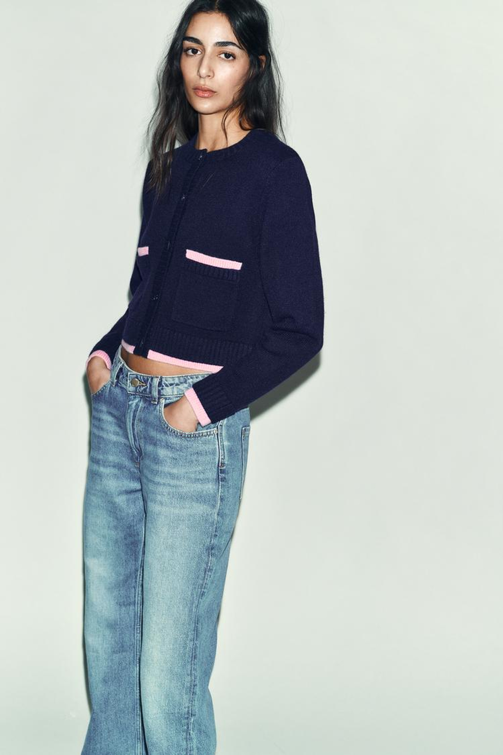 ZARА КОМБИНИРОВАННЫЙ КАРДИГАНЙ, МОРСКОЙ СИНИЙ