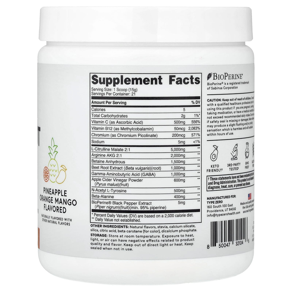 TypeZero, Очищающая предтренировочная добавка, без стимуляторов и NO Booster, ананас, апельсин и манго, 309 г (11 унций)