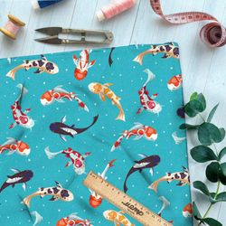 Ткань поплин японские карпы на бирюзовом фоне