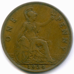 1 пенни 1934 год. Великобритания (Георг V). Бронза, диаметр 30.8 мм. VF