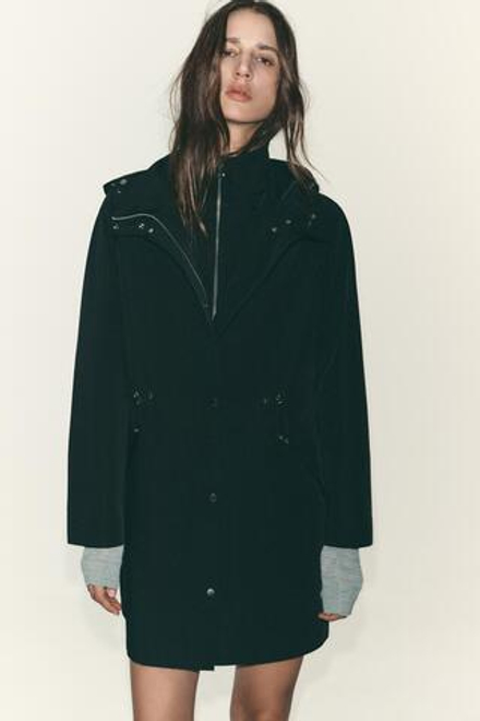 ZARA ДЛИННОЕ ПАЛЬТО С КАПЮШОНОМ, ЧЕРНЫЙ