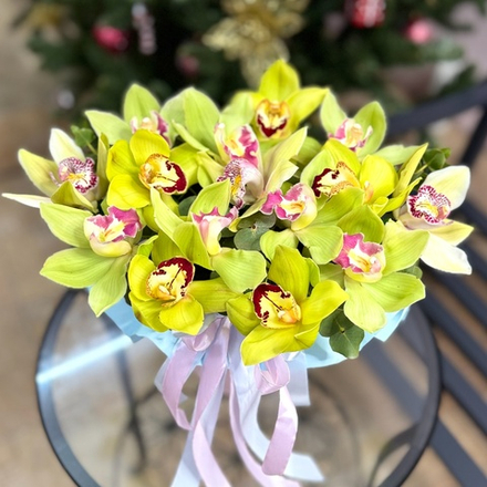 Шляпная коробка с фисташковыми орхидеями и эвкалиптом