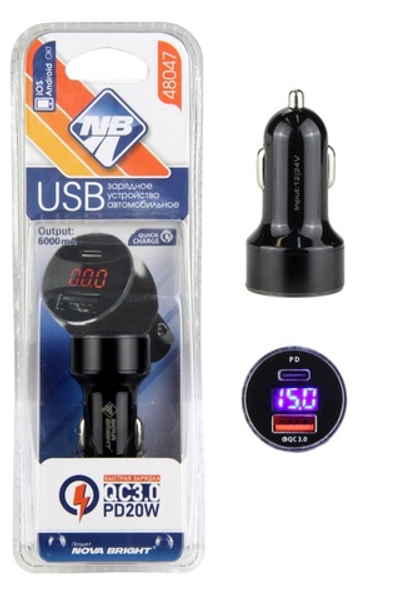 48047 Зарядное устройство "Nova Bright" для моб.уст.,USB-порт+Type-C, QC3.0 (функция быстрой зарядки