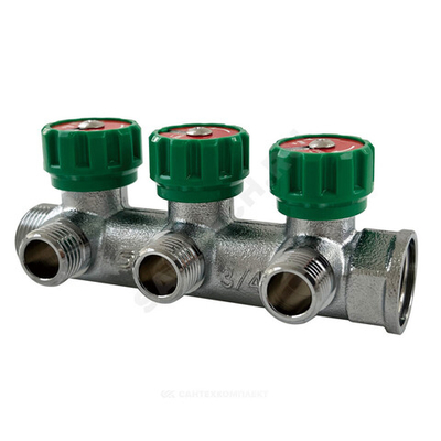 Коллектор латунь 3/4" ВР/НР на 3 вых 1/2" НР м/о 45мм под плоское уплотнение с регулирующими клапанами SantechSystems