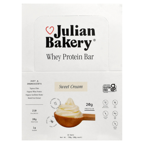 Julian Bakery, батончик сывороточного протеина, со вкусом сладких кремов, 12 батончиков по 60 г (2,1 унции)