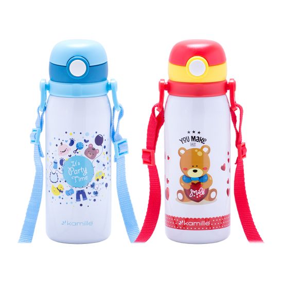 Термос для детей 450 мл. с трубочкой и ремешком Kamille КМ-2028 из нержавеющей стали