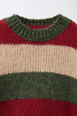 ZARA ВЯЗАНЫЙ СВИТЕР В ПОЛОСКУ С ШЕРСТЬЮ, ЭКРЮ/ГРАНАТОВЫЙ