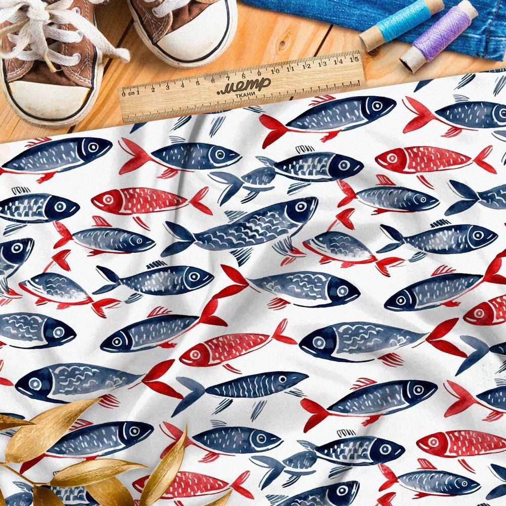 Ткань премиум дюспо минималистичные рыбы