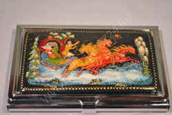 Визитница металлическая персональная "Русская зима" (роспись Палех) худ. Марова