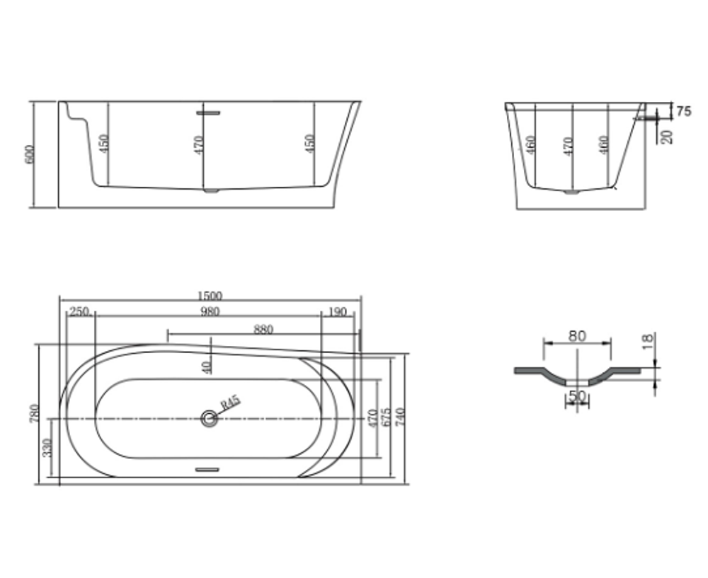 Ванна акриловая Vincea VBT-301-1500L, 1500*780*600, цвет белый, левая, слив-перелив в комплекте, хро, , шт