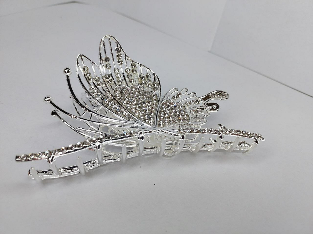 Заколка для волос "Бабочка", усиленная, с декором из страз, серебристый цвет