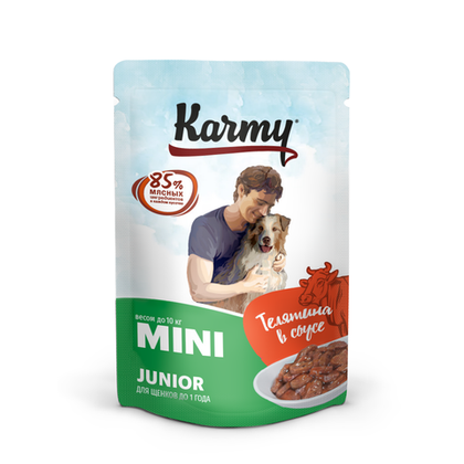 Влажный корм для щенков мелких и миниатюрных пород до 1 года Karmy Mini Junior Телятина в соусе