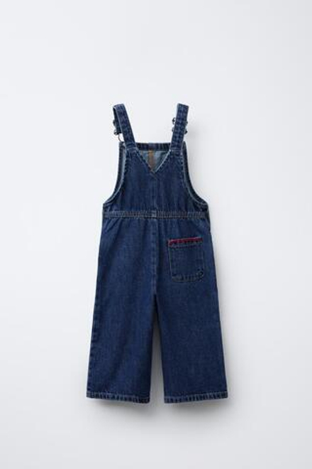 ZARA ДЖИНСОВЫЙ КОМБИНЕЗОН С КОНТРАСТНОЙ ВЫШИВКОЙ, СИНИЙ