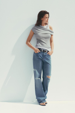 ZARA ДВУХСЛОЙНЫЙ ТОП АСИММЕТРИЧНОГО КРОЯ, СЕРЫЙ С МЕЛАНЖЕВЫМ ЭФФЕКТОМ