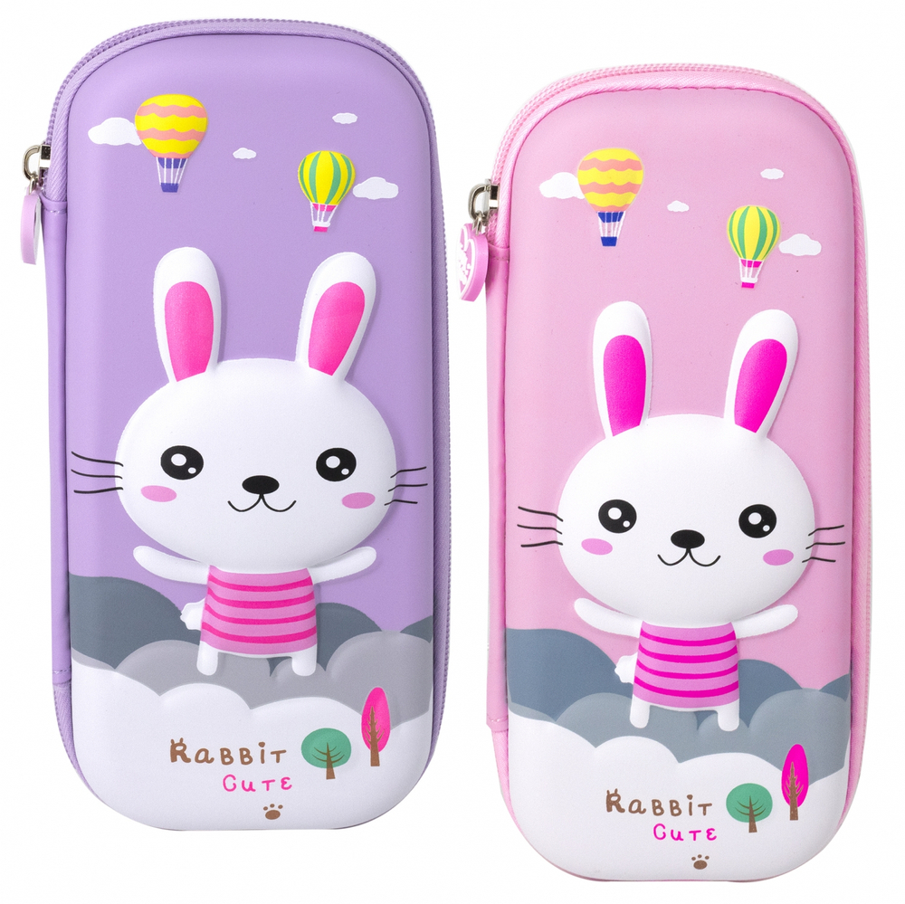 Пенал - косметичка Alingar, EVA, молния, 1 откидная планка, карман сетка, объем. рисунок, 80 х 210 мм, "RABBIT cute", зайчик, микс (роз., сиреневый)