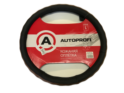 Оплетка руля Autoprofi AP-156 BK (L) черная натуральная кожа с вставками кожзам под крокодила