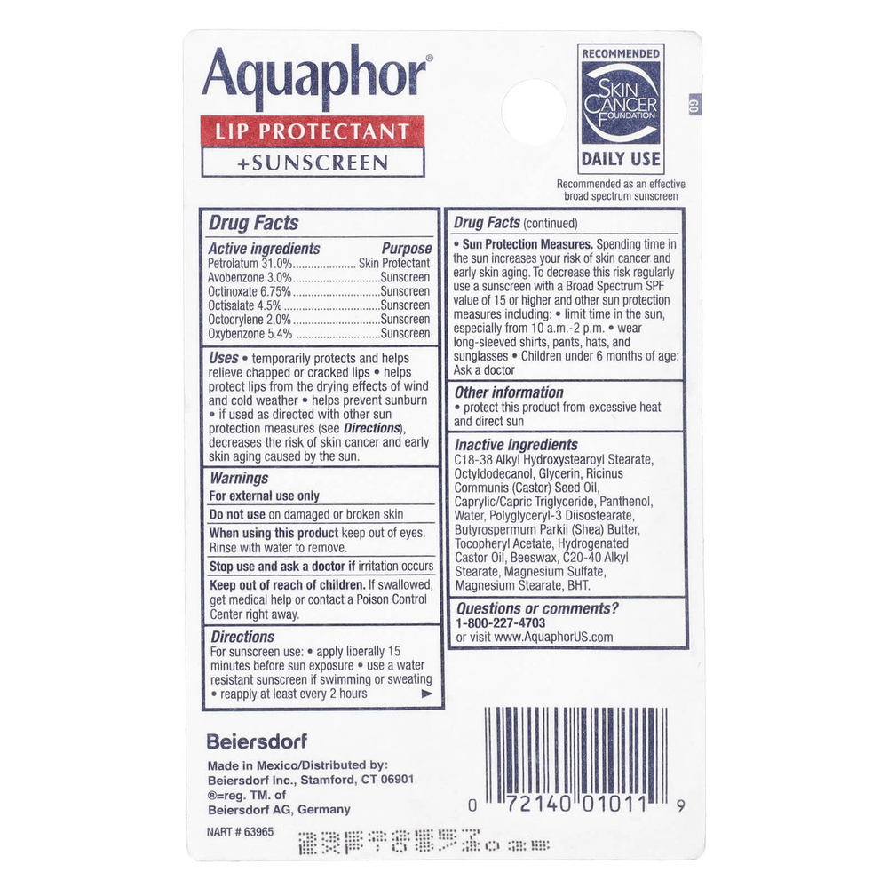 Aquaphor, Средство для защиты губ и солнцезащитное средство, SPF 30, 10 мл (0,35 жидк. унц.)