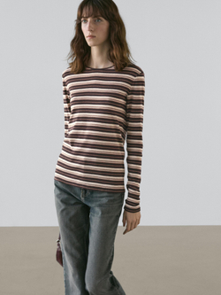 Massimo Dutti Футболка из смесового хлопка в полоску с длинными рукавами, коричневый