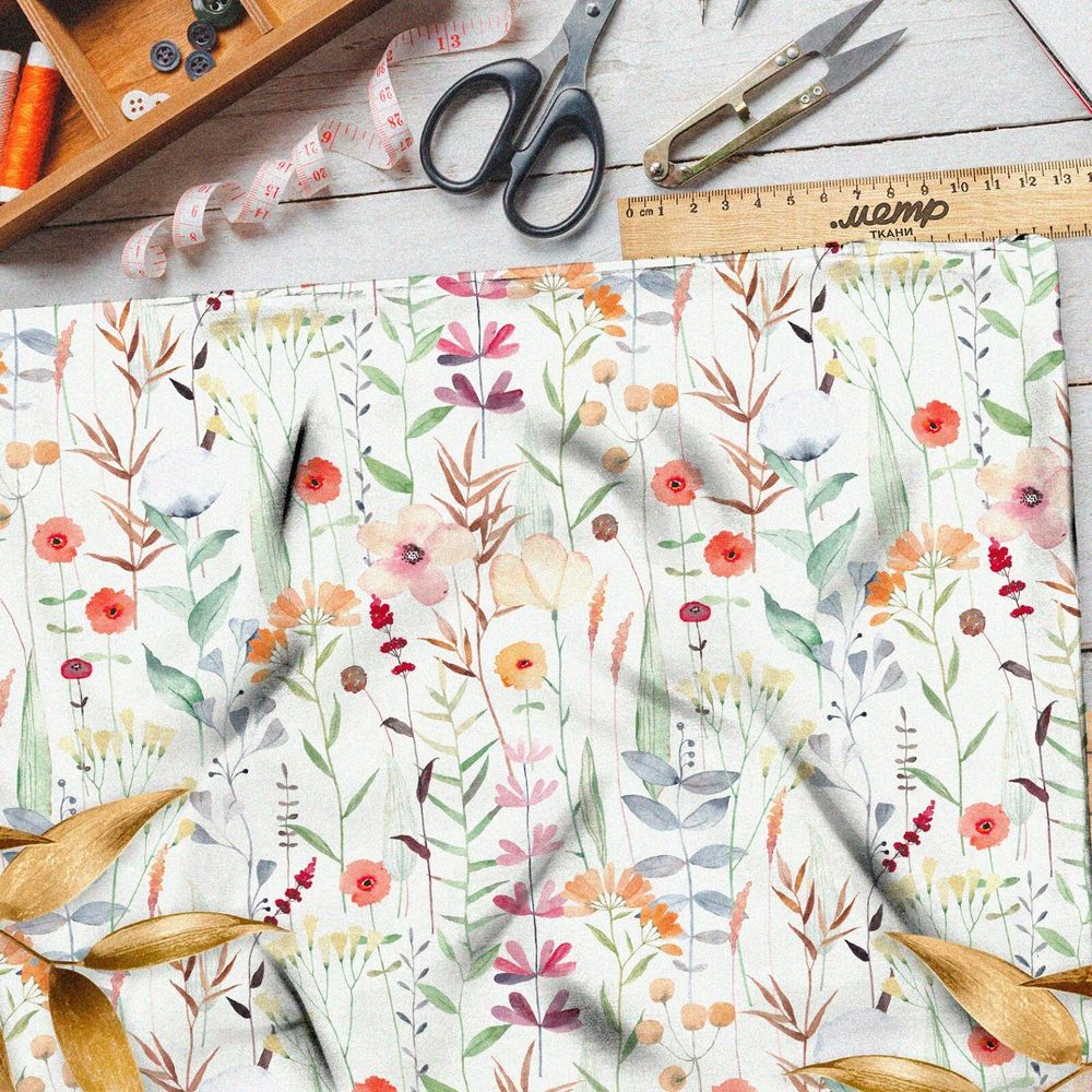 Ткань таффета акварельные листочки с цветами