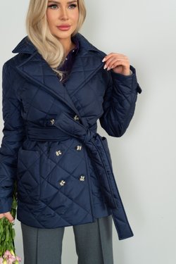 Синее укороченное стеганное пальто с подкладом из вискозы