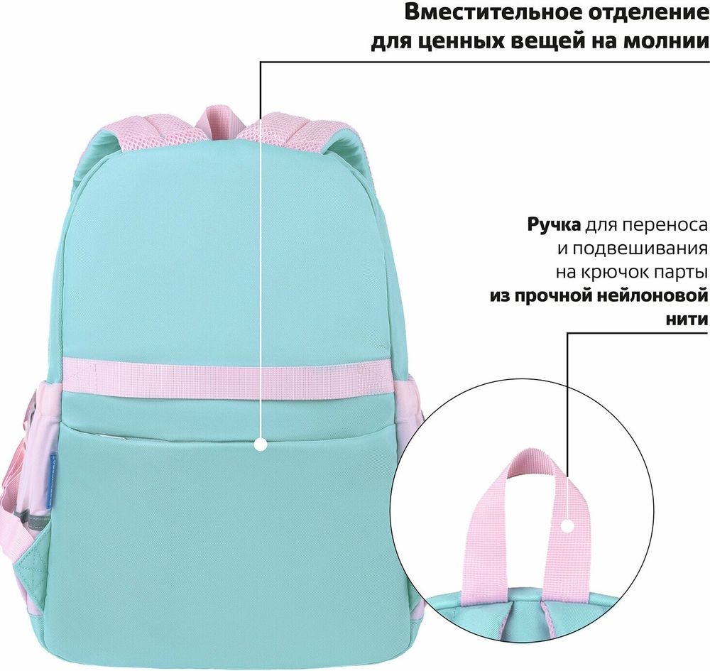 Рюкзак BRAUBERG PASTEL с термонашивками в комплекте, "Funny clouds", мятный, 40х29х14 см, 271421