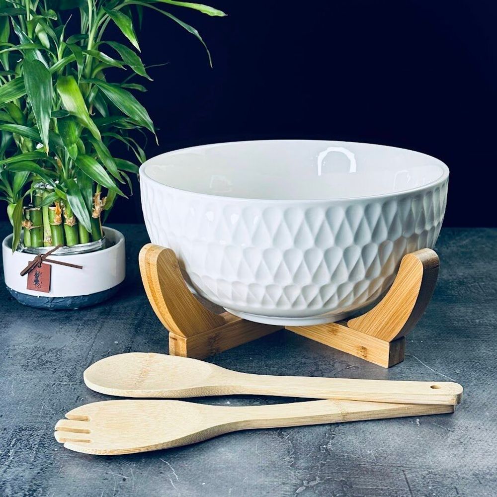 Lenardi 140-049 Набор салатник 25см BAMBOO с 2 ложками на подставке в под.уп.(х8)Фарфор,бамбук