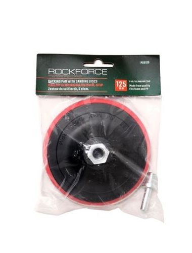 Тарелка опорная для УШМ в комплекте с кругами шлифовальными самоцепляющимися, 7пр.(115мм, М14+адаптер для дрели,Р40/60/80/120/240) RockForce##Rock FORCE RF-PSD115