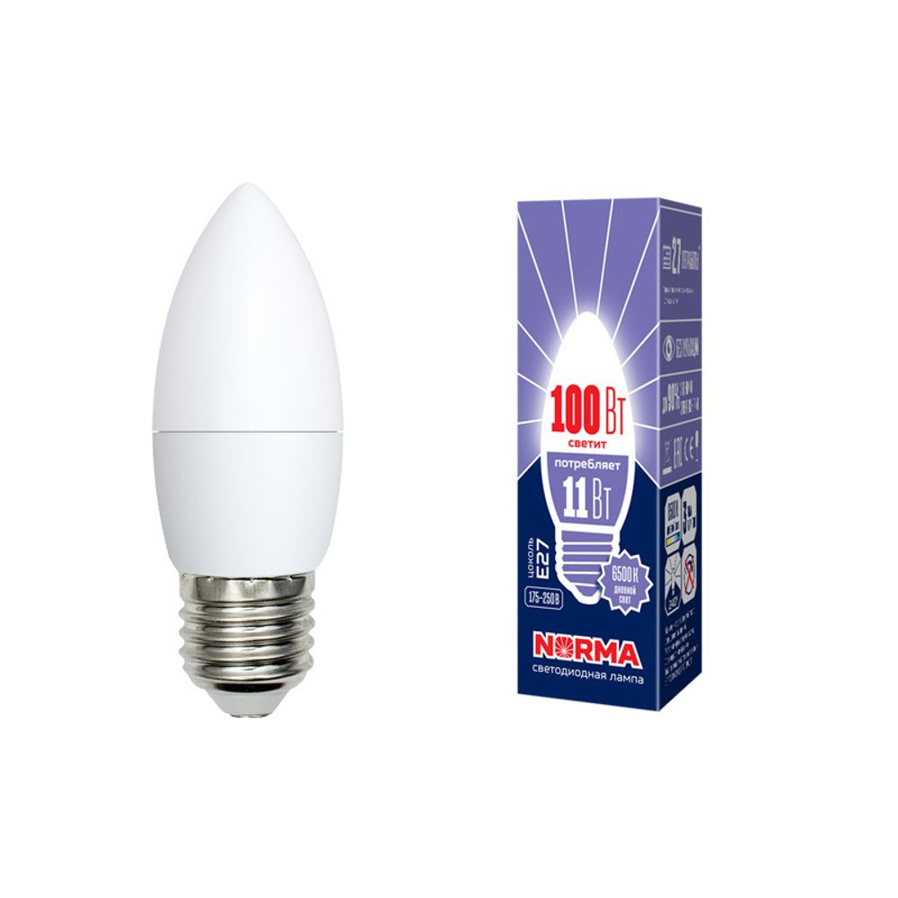 LED-C37-11W/DW/E27/FR/NR Лампа светодиодная. Форма свеча, матовая. Серия Norma. Дневной белый свет (6500K). Картон. ТМ Volpe