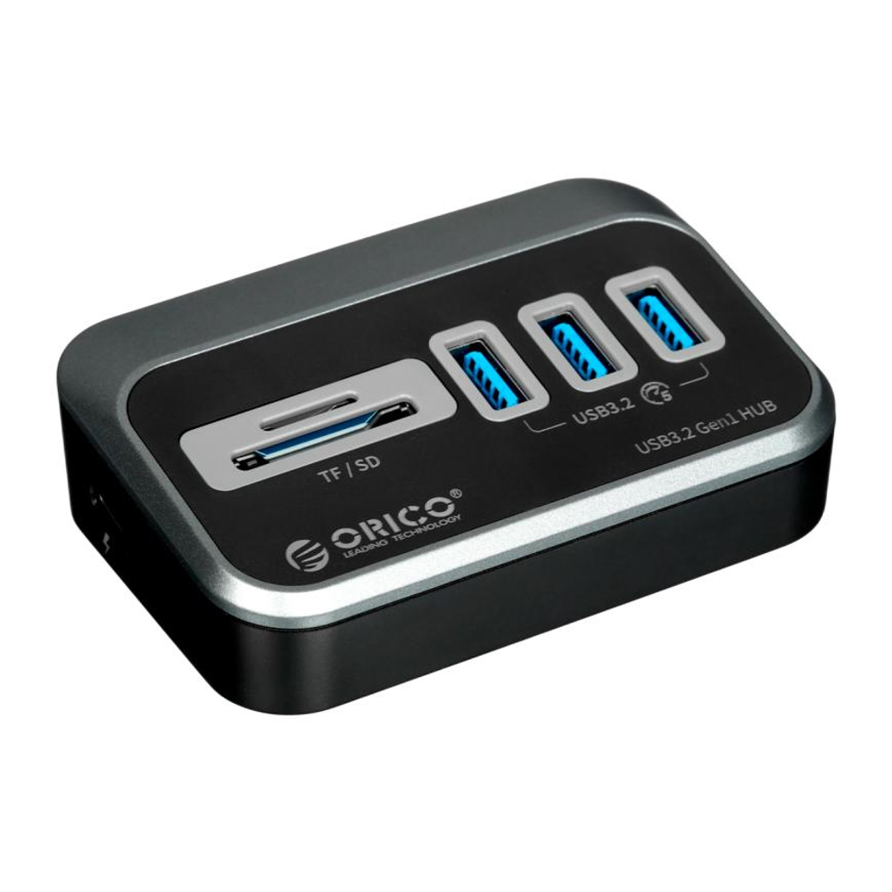USB-хаб ORICO (USB-C) (M3U3-3TS) Подключение: съёмный кабель USB-C (0,5 м), USB-C (10 Вт). Порты: 3 USB-A 3.2 Gen 1, microSD, SD. Есть LED-индикация. В комплекте есть переходник USB-C — USB-A