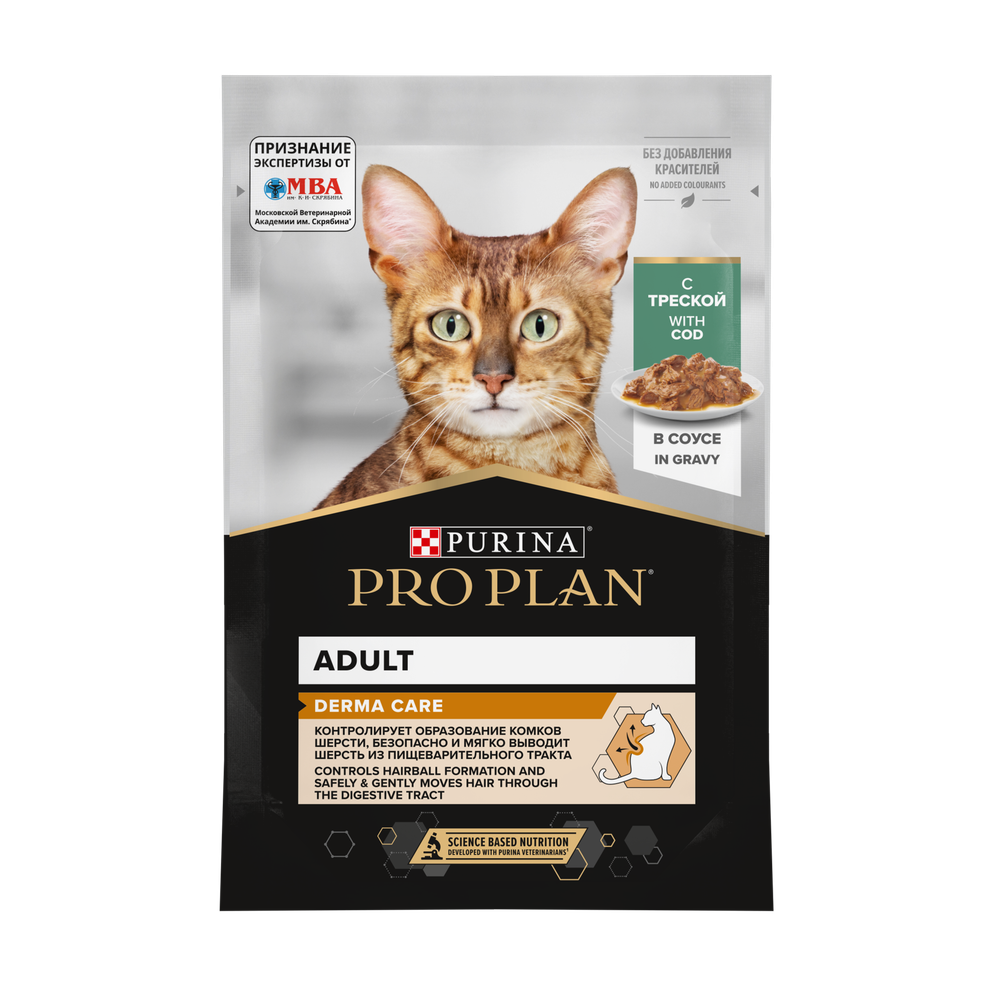Purina Pro Plan корм консервированный для кошек Derma Plus кусочки с треской в соусе 85 гр.