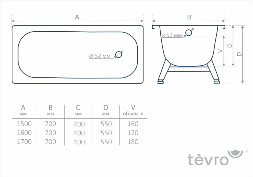 Стальная ванна ВИЗ Tevro 150x70 с опорной подставкой ОР-01207 (T-52902)