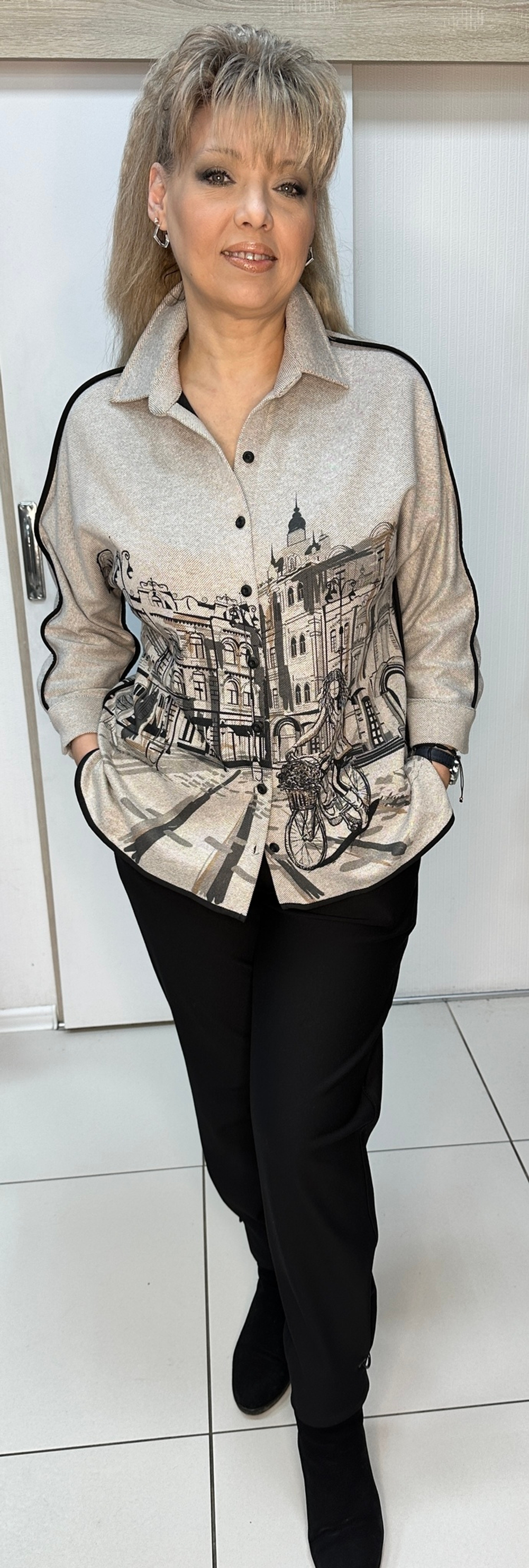 Рубашка-жакет трикотажная с изображением города