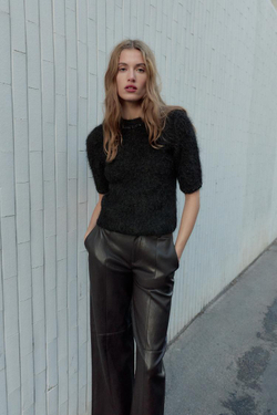 ZARA ДЖЕМПЕР С КОРОТКИМИ РУКАВАМИ И БУСИНАМИ, ЧЕРНЫЙ